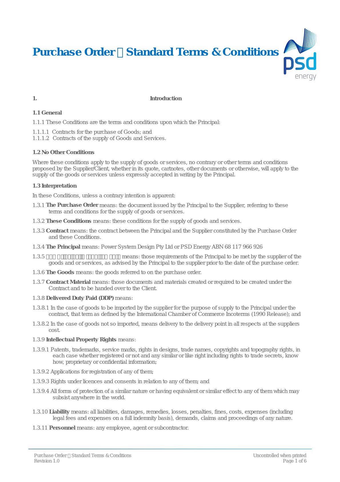 Purchase Order - Standard Terms & Conditions